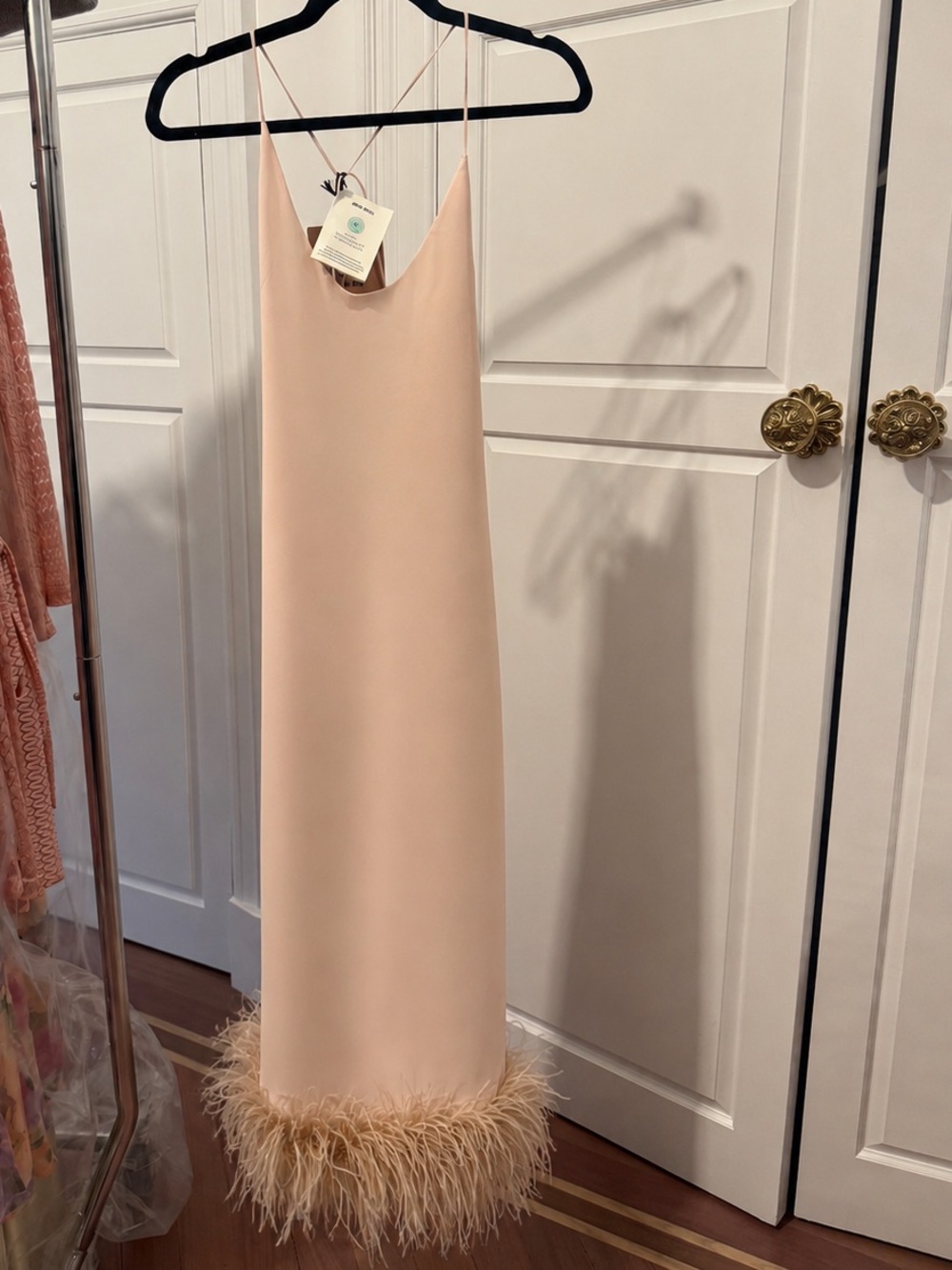 Miu Miu Pale Blush Midi Slip Dress with Feather Trim